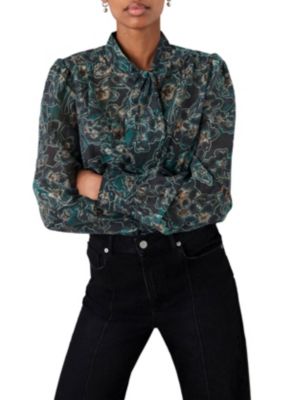 Women's Paisley Print Long Sleeve Tie Neck Blouse
