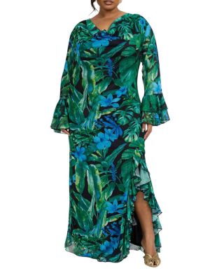 Ruffle Cowl Neck Palm Print Maxi Dress