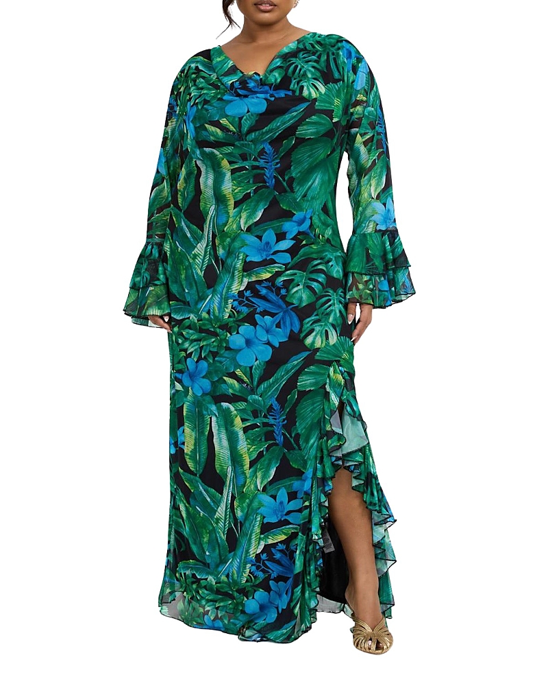 Fashion-szn Curve Ruffle Cowl Neck Palm Print Maxi Dress