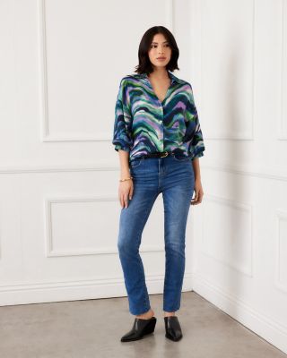 Lantern Sleeve Button-Front Top