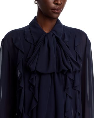 Neck Tie Ruffle Silk Shirt