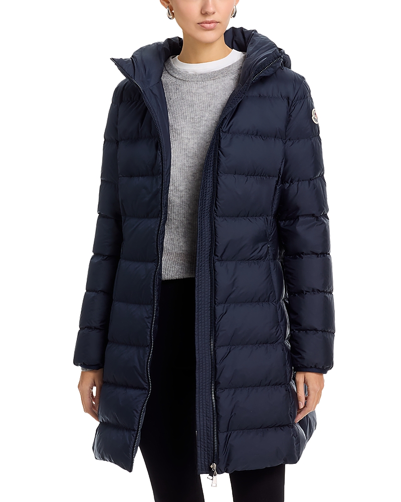 Moncler Gie Hooded Long Down Jacket In Blue