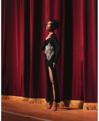 Thigh High Slit Embellished Flower Detail Jersey Gown