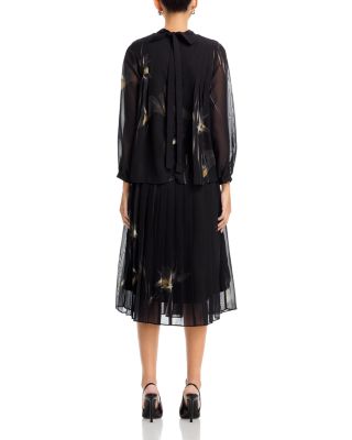 Printed Long Sleeve Top &amp; Pleated Midi Skirt Set