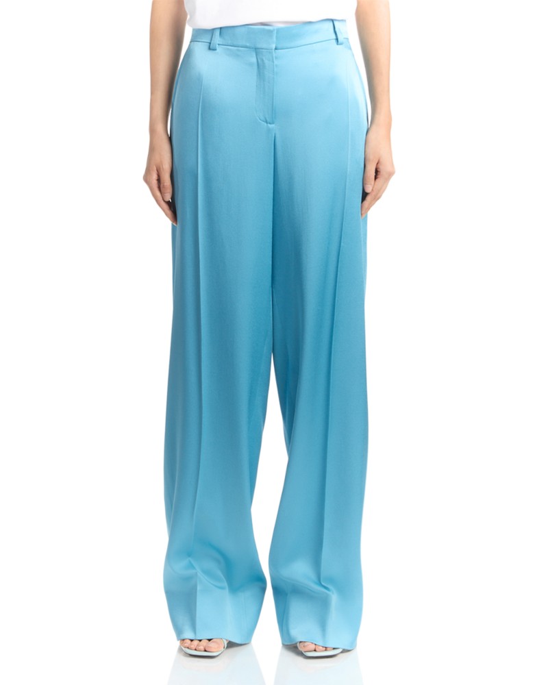 Stella McCartney Satin Dropped Waist Straight Wide Leg Pants in Steel Blue
