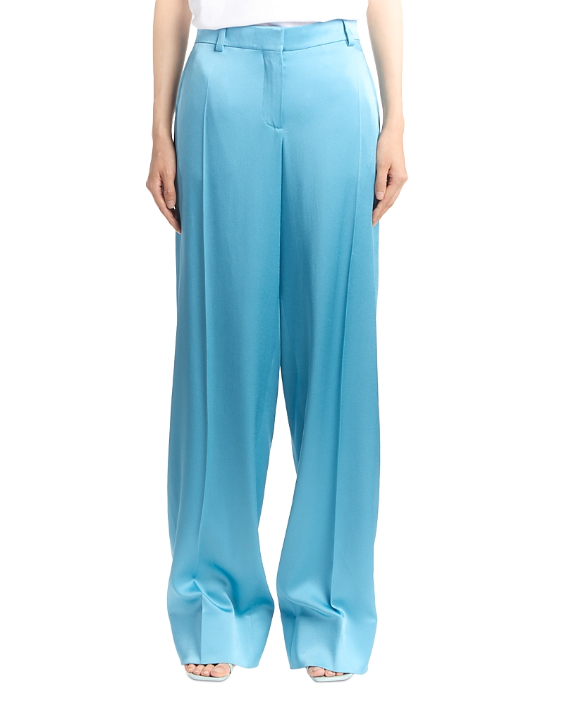 Stella Mccartney Satin Dropped Waist Straight Wide Leg Pants In Blue