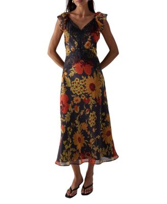 Lace Insert Frill Sleeve Midi Dress