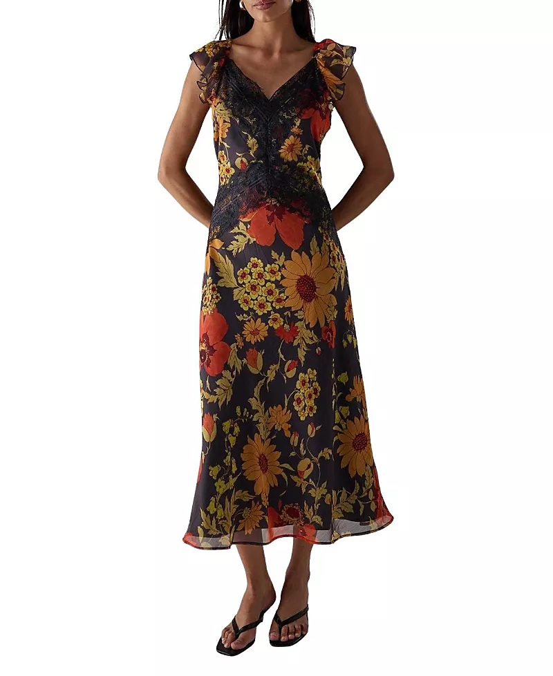 Warehouse Lace Insert Frill Sleeve Midi Dress