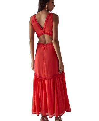 Chiffon Fringe Trim Cut Out Maxi Dress