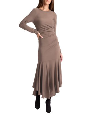 Abigail Long Sleeve Hi Lo Dress with Side Ruching in Fluid Jersey