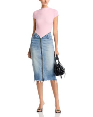 Dipped V Zip Denim Skirt