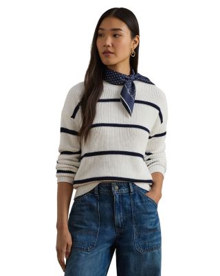 Striped Rib Knit Cotton Crewneck Sweater
