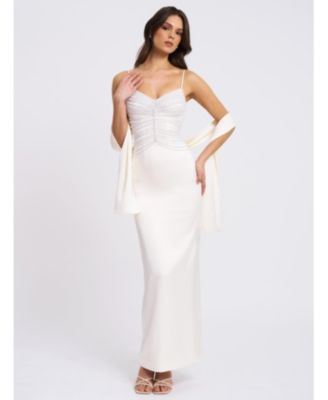  Karmen Faux Pearl Top Pencil Slip Gown with Scarf