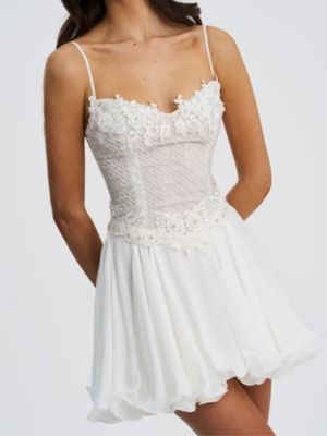  Fabiola Lace Trim Net Top Mini Flare Chiffon Dress