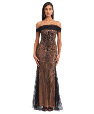 Qeturah Embroidered Sequin Off Shoulder Mesh Gown
