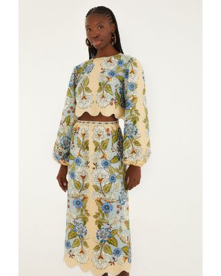 Garden Scarf Print Linen Midi Skirt