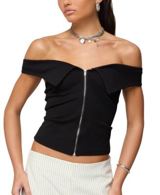 Collared Off Shoulder Zip Up Top