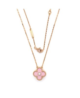  Vintage Alhambra Pendant Necklace 18K Rose Gold and Pink Sevres Porcelain with Diamond, 14.75 - 16.5"