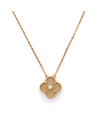  Vintage Alhambra Pendant Necklace 18K Gold and Gold Mother of Pearl with Diamond, 14.5 - 16.25"