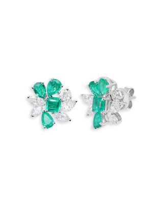 Emerald & Diamond Mixed Cut Cluster Stud Earrings in 18K White Gold