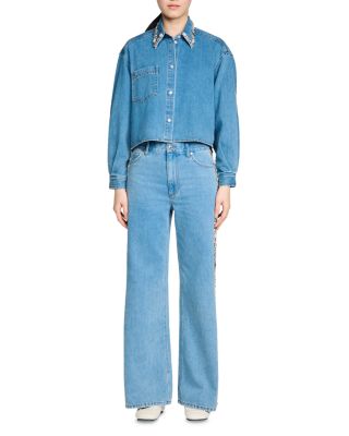 Carmella Denim Rhinestone Trim Cropped Shirt