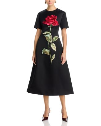 Leo Lin Caroline Applique Rose Midi Dress - exclusive - Ebony - 6 US / 10 AU