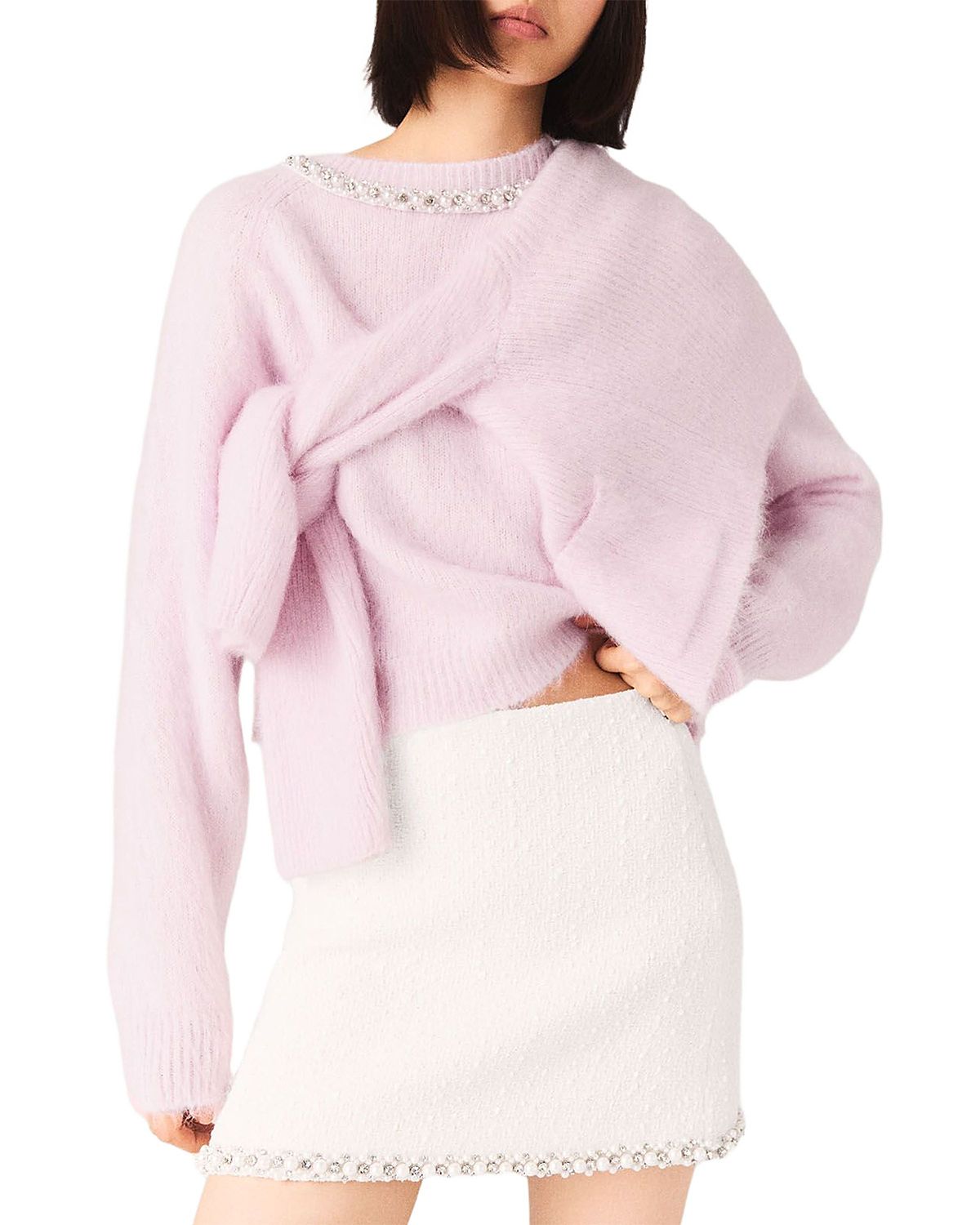 Maje Pearl Trim Tweed Skirt