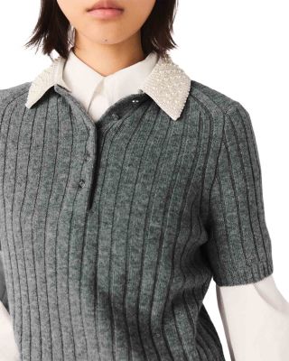 Beaded Collar Ribbed Sweater