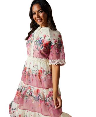 Organza Floral Tiered Lace Trim Dress