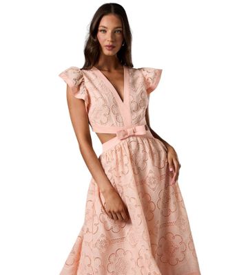 V-Neck Cut Out Lace Midi Dress