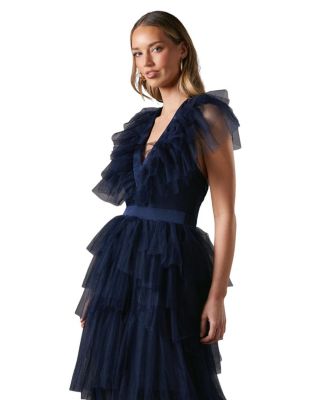 Mesh V-Neck Halter Tiered Maxi Dress