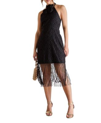 Broderie Embellished Fringe Halter Dress