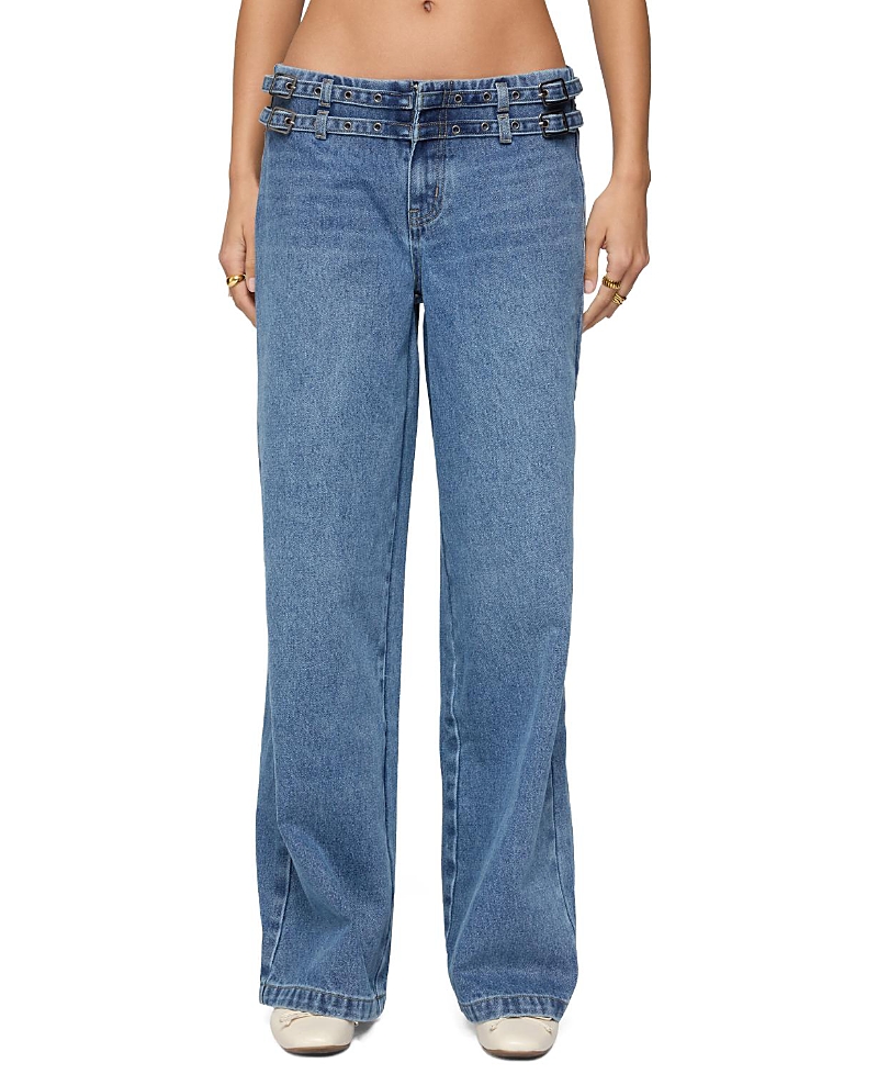 Edikted Livia Double Belt Low Rise Baggy Jeans in Blue Washed