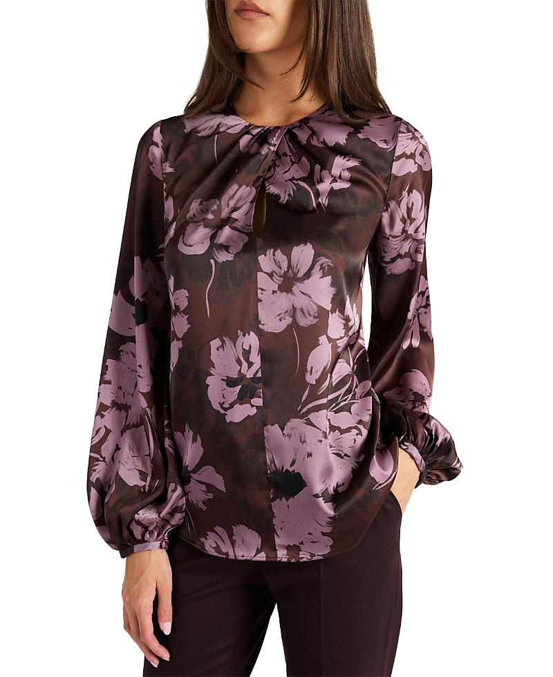 Santorelli Elena Long Sleeve Twist Neck Blouse in Floral Twill Crepe
