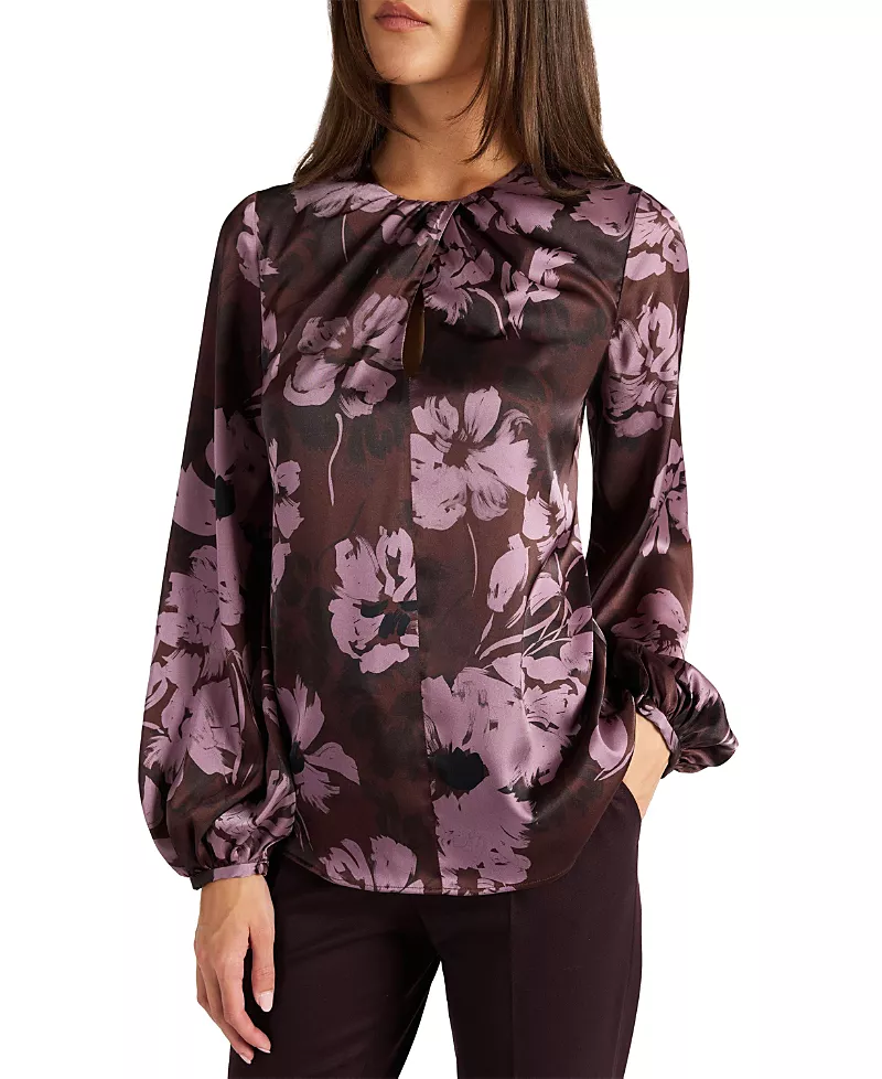 Santorelli Elena Long Sleeve Twist Neck Blouse in Floral Twill Crepe