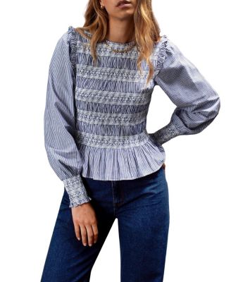  Stripe Shirred Blouse Top