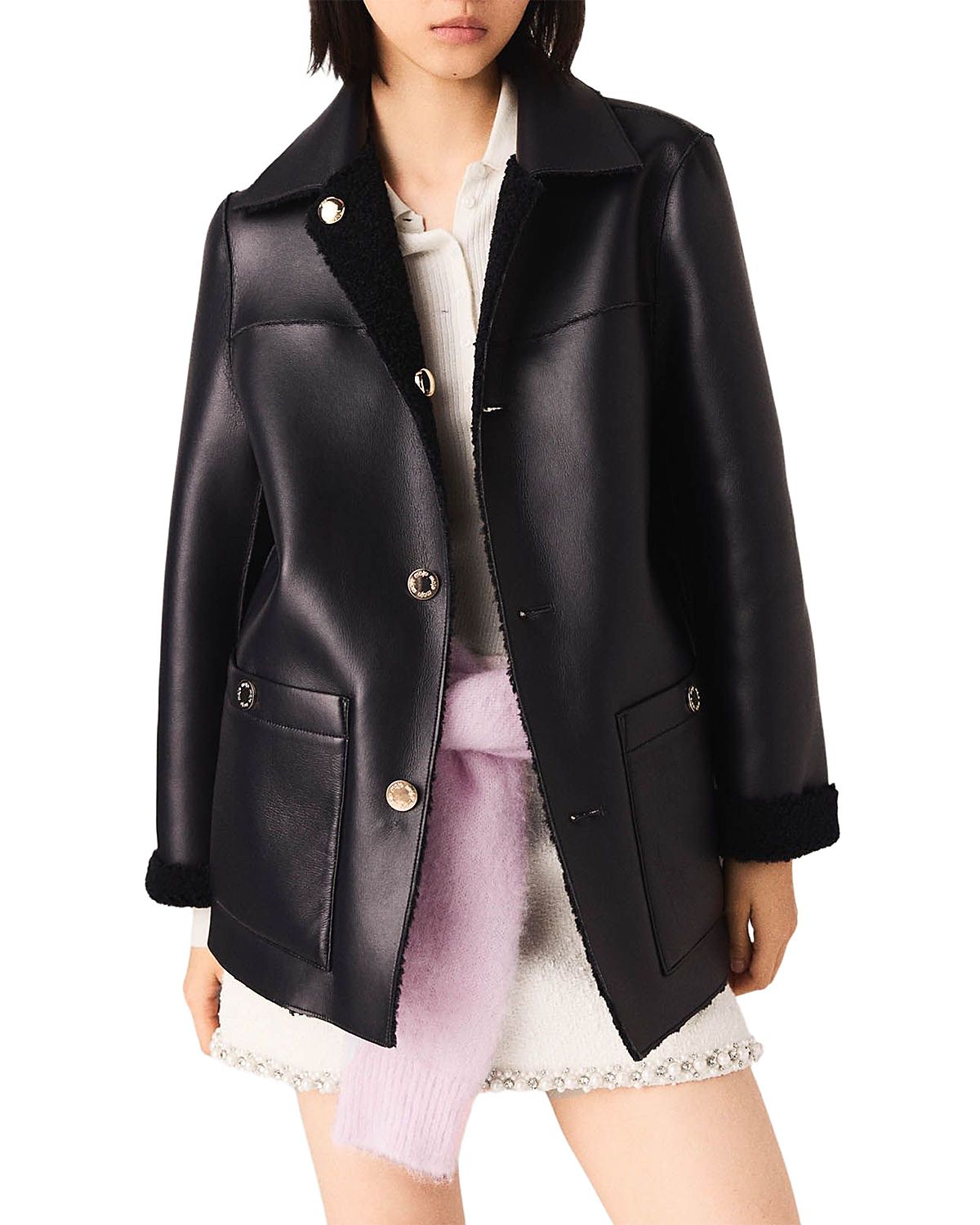 Maje Reversible Faux Leather Fleece Jacket