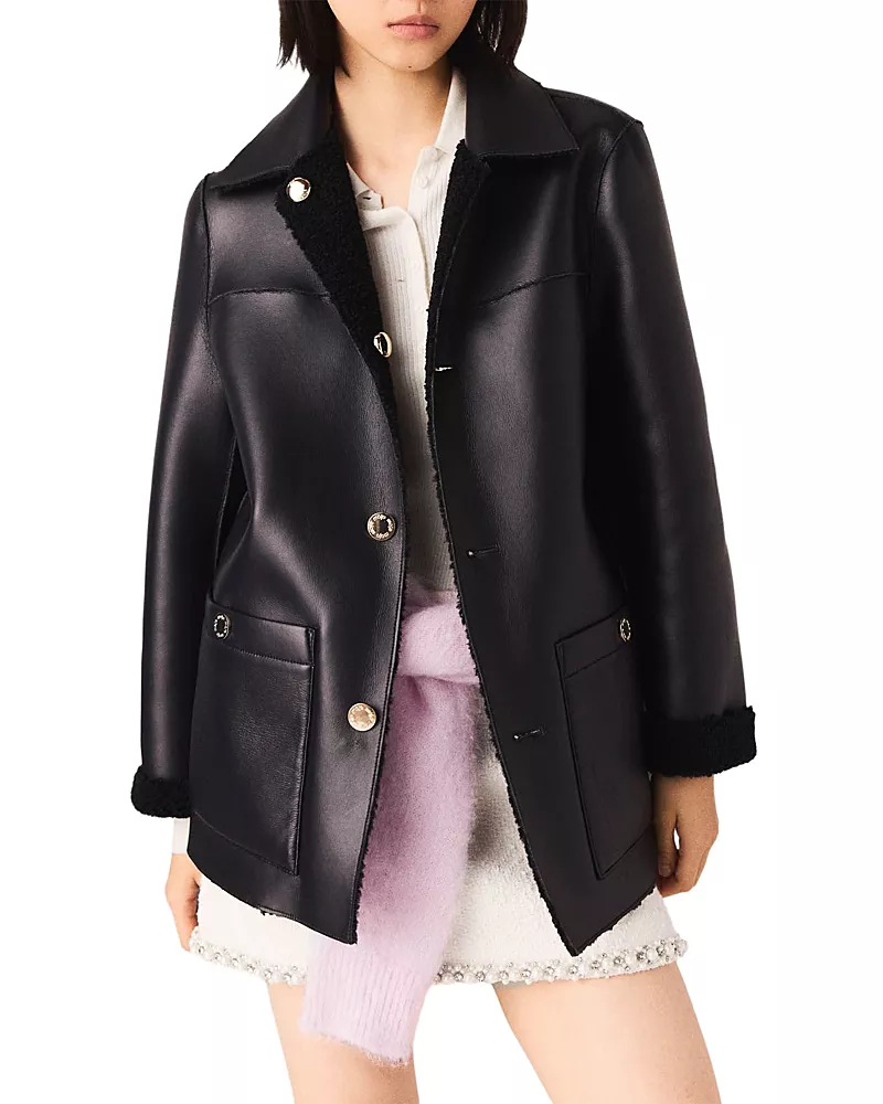 Maje Reversible Faux Leather Fleece Jacket