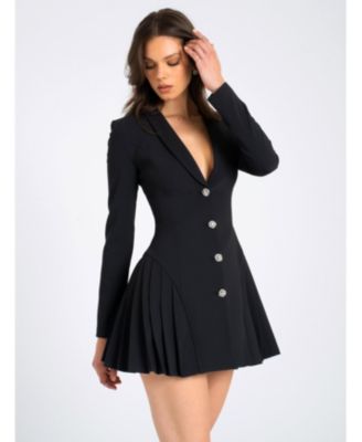 Ria Blazer Mini Dress with Crystal Button and Pleated Detail