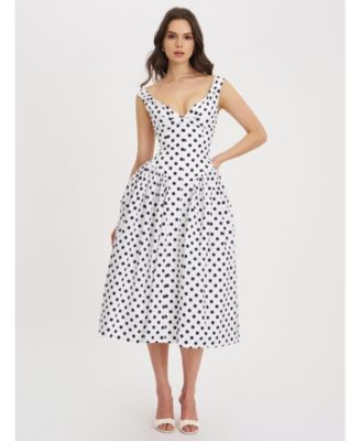Rahma Polka Dot Drop Waist Midi Cotton Poplin Dress