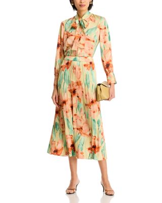  Floral Pleat Crepe de Chine Skirt 