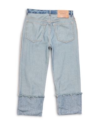 Rhinestone Hem Straight Jeans in Mid Blue