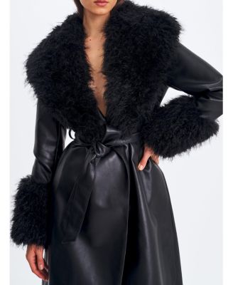  Zariah Faux Fur Trimmed Longline Faux Leather Coat