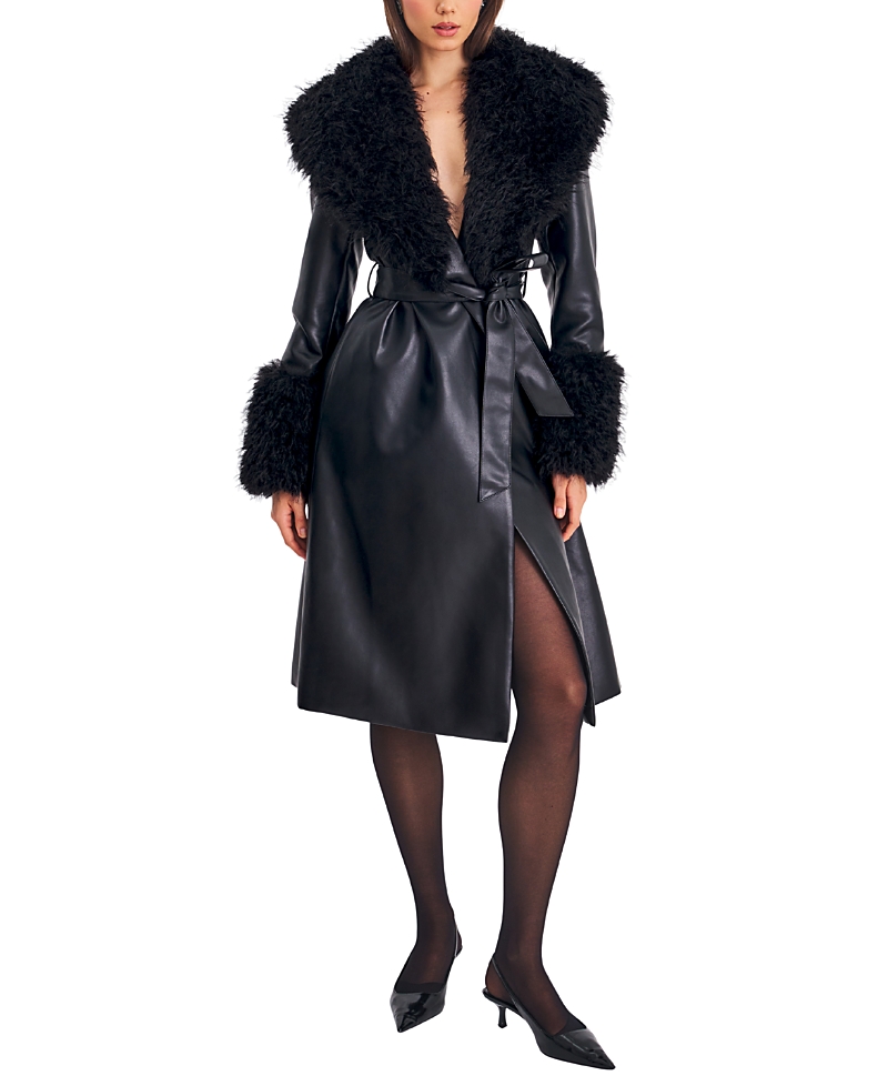 Miss Circle Zariah Faux Fur Trimmed Longline Faux Leather Coat