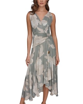 Sleeveless Wrap-Effect V-Neck Floral Midi Dress