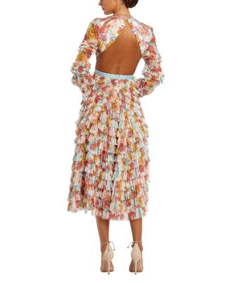  Long Sleeve Tiered Ruffle Cutout Criss Cross Dress