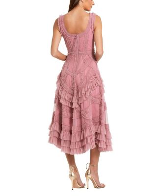 Scoop Neck Sleeveless Mesh Micro Ruffle Midi Dress