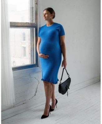 Women&#39;s Short Sleeve Knit Maternity Knee Length Sweater Dress with Hem Detail