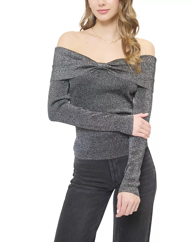Central Park West Women's Colette Ribbed Lurex Off The Shoulder Sweater