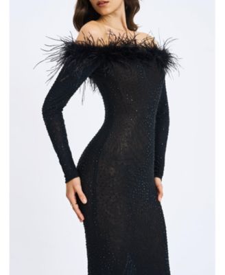  Emberly Trimmed Off-Shoulder Rhinestone Mesh Mermaid Dress